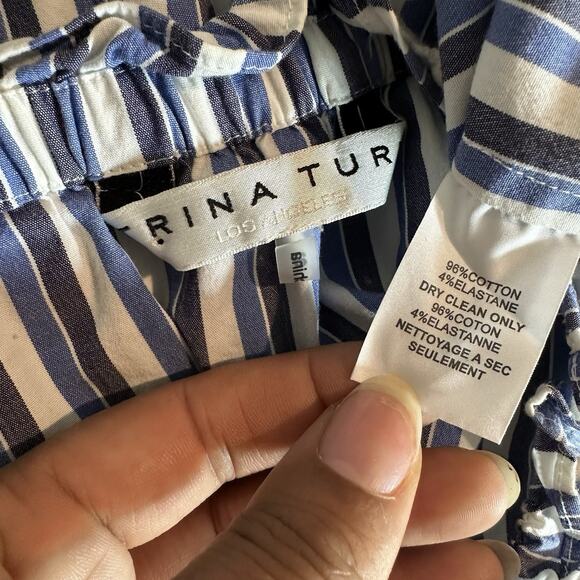 Trina Turk Small Top Sleeveless Blouse Blue Striped Preppy Coastal Poms Coastal - Picture 10 of 12